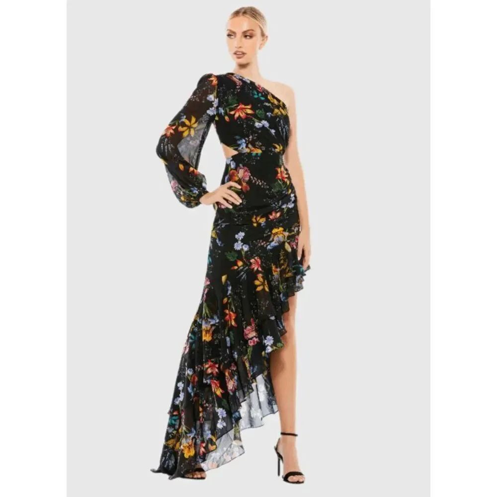 Mac Duggal NWT size 2 Black Floral One Sleeve Cut Out Dress style 55668